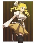  beret blonde_hair breasts corset detached_sleeves drill_hair frown hair_ornament hat large_breasts magical_girl mahou_shoujo_madoka_magica marimo_(toyo) pleated_skirt puffy_sleeves skirt solo taut_shirt thigh-highs thighhighs tomoe_mami vertical-striped_legwear vertical_stripes yellow_eyes 