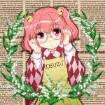  :&lt; adjusting_glasses apron bell bespectacled blush character_name checkered clothes_writing english flower glasses hair_bell hair_ornament hair_tubes jingle_bell kairakuen_umenoka lily_of_the_valley long_sleeves looking_at_viewer motoori_kosuzu pink_eyes pink_hair short_hair solo text touhou twintails wide_sleeves 