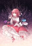  covering_mouth cuivre dress flower hair_ribbon highres original pantyhose red_eyes ribbon shoes solo tree white_legwear 