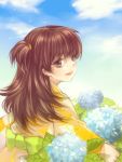  brown_eyes brown_hair child cloud clouds flower hydrangea inuyasha japanese_clothes kimono long_hair looking_at_viewer looking_back one_side_up rin_(inuyasha) side_ponytail sky smile solo twinklelinda90625 yukata 