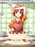  arm_up blush bowl cake food food_on_face fruit hair_ornament hairclip hino_akane icing kitchen ladle precure red_eyes red_hair redhead short_hair smile smile_precure! solo spatula strawberry yuutarou_(fukiiincho) 
