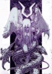  ballpoint_pen_(medium) bare_shoulders bracelet caduceus censor_hair dal-segno graphite_(medium) hair_between_eyes hair_over_breasts head_wings highres jewelry long_hair monochrome monster_girl navel nude original parted_lips purple snake_tail solo staff traditional_media very_long_hair wings 
