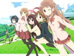  artist_request atarashi_ako blue_eyes bottomless brown_hair cardigan green_eyes long_hair matsumi_kuro matsumi_yuu multiple_girls necktie pantyhose ponytail red_hair redhead ribbon running sagimori_arata saki saki_achiga-hen scarf short_hair smile takakamo_shizuno thigh-highs thighhighs track_jacket wink 