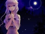  bare_shoulders blue_eyes hands_clasped highres long_hair looking_at_viewer moon night oumi_sanaka outdoors purple_hair solo twintails vocaloid wallpaper yuzuki_yukari 
