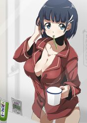  black_eyes black_hair breasts cleavage highres kirigaya_suguha mouth mouth_hold no_pants pajamas panties striped striped_panties sword_art_online toothbrush toothbrush_in_mouth towashibuki underwear 