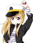  arm_up bangs black_eyes blonde_hair blush_stickers bust copyright_request flat_chest food fruit hair_between_eyes hand_on_hip hat holding jacket listen!! long_hair looking_at_viewer open_clothes open_jacket payot peaked_cap shirt simple_background smile solo strawberry striped striped_shirt tsurukou_(tksymkw) white_background 