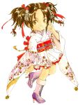  absurdres boots brown_eyes brown_hair cherry_blossoms female floral_print frilled_skirt frills fujishima_kousuke furisode hair_ornament hair_ribbon highres japanese_clothes kimono kimono_skirt lace leg_lift leg_up looking_at_viewer obi official_art original red_ribbon ribbon salute short_twintails simple_background smile solo standing_on_one_leg tomoe-chan traditional_media twintails two-finger_salute white_background 