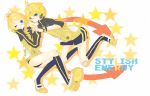  1girl bandaid blonde_hair blue_eyes brother_and_sister hair_ornament hairclip headset jacket kagamine_len kagamine_rin looking_at_viewer project_diva project_diva_f short_hair siblings smile stylish_energy_(vocaloid) vocaloid wink 
