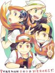  4boys bangs baseball_cap beret black_hair english flamebee gold_(pokemon) green_eyes hat jacket kouki_(pokemon) looking_at_viewer multiple_boys open_mouth pokemon pokemon_(game) pokemon_dppt pokemon_gsc pokemon_rgby pokemon_rse red_(pokemon) red_eyes scarf tegaki title_drop v yellow_eyes yuuki_(pokemon) 