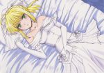  ahoge bare_shoulders blonde_hair blush bow bridal_veil dress elbow_gloves fate/stay_night fate_(series) flower gloves green_eyes highres jewelry lying necklace on_back on_bed pillow rascal_(n119) saber solo veil wedding_dress 