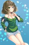  1girl blue_background bow bra breasts brown_hair cleavage collarbone finger_to_cheek green_eyes hand_on_hip idolmaster idolmaster_cinderella_girls jewelry looking_at_viewer mirai_denki necklace official_art petals ribbed_sweater short_shorts shorts smile solo sweater takagaki_kaede underwear white_bra 