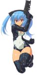  :&lt; black_legwear blue_hair breasts busou_shinki clothed_navel dd_(artist) gun long_hair pistol red_eyes simple_background solo strarf thigh-highs thighhighs thighs trigger_discipline twintails weapon white_background 