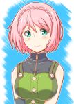  blush braid breasts buttons daiba_kanon god_eater god_eater_burst green_eyes pink_hair short_hair single_braid smile solo soubee1 turtleneck v_arms zipper 