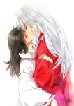  1girl animal_ears black_hair blush closed_eyes couple dated dog_ears eyes_closed highres higurashi_kagome inuyasha inuyasha_(character) japanese_clothes jewelry kiss long_hair love miko muriko necklace open_mouth pearl side signature silver_hair white_background 