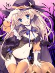  :d arm_up black_bra black_panties blonde_hair blue_eyes bow bra breasts cape cleavage crescent fang halloween hat jack-o&#039;-lantern jack-o'-lantern long_hair navel open_mouth orange_legwear original panties smile solo soraishinya thigh-highs thighhighs underwear witch_hat 