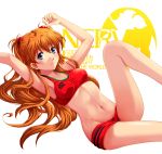  adapted_costume arm_up bikini blue_eyes blush breasts collarbone hair_ornament long_hair looking_at_viewer mound_of_venus navel neon_genesis_evangelion orange_hair rebuild_of_evangelion shian_(my_lonly_life.) shikinami_asuka_langley smile solo soryu_asuka_langley souryuu_asuka_langley sports_bikini swimsuit 