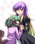  animal_ears blonde_hair closed_eyes dress eyes_closed fang gradient_hair green_hair hand_holding hijiri_byakuren holding_hands kasodani_kyouko long_hair long_sleeves makoto_na mana_(gooney) multicolored_hair multiple_girls open_mouth petting purple_hair short_hair smile tail touhou two-tone_hair yellow_eyes 