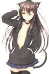  animal_ears black_hair black_legwear breasts cat_ears cat_tail chestnut_mouth hand_in_pocket hand_on_headphones headphones highres hoodie kinta_(distortion) long_hair no_bra original simple_background skirt solo tail thighhighs white_background wink yellow_eyes 