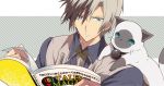  bad_id bell black_hair cat cat_on_shoulder expressionless green_eyes grey_hair ludger_will_kresnik lulu_(tales_of_xillia_2) magazine male multicolored_hair necktie nic_(kevin) tales_of_(series) tales_of_xillia tales_of_xillia_2 two-tone_hair 
