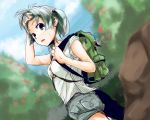  backpack bag blue_eyes blue_hair hair_bobbles hair_ornament hot kawashiro_nitori key madara_hato shirt short_hair short_twintails shorts solo sweat touhou twintails wiping_sweat 