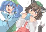  animal_ears backpack bag biting blue_eyes blue_hair brown_eyes brown_hair cat_ears cat_tail chen hair_bobbles hair_ornament hat highres jewelry kawashiro_nitori key makoto_na mana_(gooney) multiple_girls multiple_tails open_mouth short_hair smile sweatdrop tail touhou twintails 