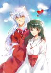  1girl animal_ears black_hair cloud clouds couple dog_ears faux_traditional_media green_eyes grin heart higurashi_kagome inuyasha inuyasha_(character) japanese_clothes jewelry long_hair miko muriko necklace pearl sky slit_pupils smile white_hair yellow_eyes 