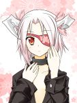 eyepatch highres horns looking_at_viewer open_clothes open_shirt original ouka_september pink_hair red-eyes_macadamiachoco red_eyes short_hair solo 