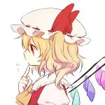 ascot blonde_hair bust finger_to_mouth flandre_scarlet hat hat_ribbon honotai profile red_eyes ribbon short_hair side_ponytail solo thinking touhou white_background wings 
