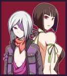  back border breasts brown_hair flat_chest gina_dickinson god_eater god_eater_burst jacket large_breasts multiple_girls neckerchief purple_eyes red_eyes short_hair sideboob silver_hair simple_background soubee1 tachibana_sakuya violet_eyes 