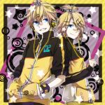  1girl bandaid blonde_hair blue_eyes brother_and_sister hair_ornament hair_ribbon hairclip headset highres hukkyunzzz jacket kagamine_len kagamine_rin looking_at_viewer project_diva project_diva_f ribbon short_hair siblings smile stylish_energy_(vocaloid) vocaloid wink 