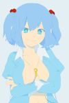  blue_eyes blue_hair breasts bust crossed_arms hair_bobbles hair_ornament kawashiro_nitori key navel no_bra open_clothes open_shirt short_hair simple_background sitting smile solo tori_(tr010) touhou twintails 