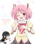  akemi_homura anger_vein black_hair blue_eyes blush bow hair_ribbon hairband kaname_madoka kyubey mahou_shoujo_madoka_magica makino_(ukiuo) multiple_girls open_mouth pantyhose pink_eyes pink_hair popcorn ribbon school_uniform skirt smile twintails wink 