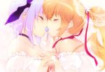  2girls ayane blush closed_eyes dead_or_alive eyes_closed hair_ribbon hand_holding holding_hands iizuki_tasuku incest kasumi kiss lavender_hair long_hair multiple_girls orange_hair ponytail ribbon ribbon_choker short_hair siblings sisters sketch yuri 