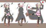  blush boots character_sheet dancing fan from_behind frown horns multiple_persona musical_note original ouka_september pink_hair red-eyes_macadamiachoco red_eyes short_hair skirt thigh-highs thighhighs trench_coat turnaround 