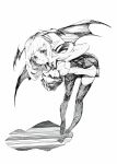  absurdres bat_wings bent_over black_legwear book graphite_(medium) head_wings highres koakuma konnanottenaiyo long_hair looking_at_viewer monochrome pointy_ears simple_background solo thigh-highs thighhighs touhou traditional_media white_background wings 