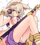  1girl animal_ears anklet bare_legs blonde_hair blush bracelet breasts brown_eyes earmuffs earphones holding jewelry no_bra open_clothes panties scabbard sheath sheathed sitting skirt smile solo sword touhou toyosatomimi_no_miko underwear weapon 