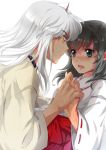  1girl black_hair blush couple eye_contact green_eyes hand_holding higurashi_kagome holding_hands interlocked_fingers inuyasha inuyasha_(character) japanese_clothes long_hair looking_at_another miko muriko open_mouth profile silver_hair white_background yellow_eyes 