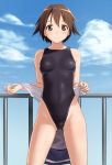  black_swimsuit brown_eyes brown_hair competition_swimsuit highleg highleg_swimsuit miyafuji_yoshika one-piece_swimsuit short_hair strike_witches swimsuit tkln undressing 