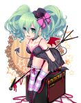  amplifier babydoll boots breasts choker cleavage demon_tail demon_wings elbow_gloves garters gloves green_eyes green_hair hat hatsune_miku leaning_forward mi_(liki1020) microphone microphone_stand open_mouth solo striped striped_legwear tail thigh-highs thighhighs vocaloid wings 