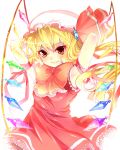  armpits arms_behind_head arms_up blonde_hair flandre_scarlet hat highres honchu long_hair red_eyes side_ponytail sleeveless smile solo touhou wings 