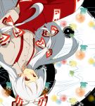  aiwatan bow fujiwara_no_mokou hair_bow hands_in_pockets long_hair looking_at_viewer red_eyes solo suspenders touhou upside-down white_hair 