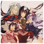  :&lt; animal_ears black_hair blazer bow braid bunny_ears carrot dress gm_(noatake) highres houraisan_kaguya inaba_tewi long_hair multiple_girls open_mouth purple_hair rabbit_ears reisen_udongein_inaba saliva short_hair silver_hair skirt sleeping touhou very_long_hair yagokoro_eirin 