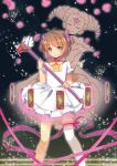  brown_hair card card_captor_sakura cardcaptor_sakura clow_card dress flower_(clow_card) fuuin_no_tsue green_eyes kinomoto_sakura magic_circle multiple_girls nanayuna petals ribbon short_hair single_thighhigh thigh-highs thighhighs twintails wand 