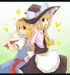  alice_margatroid alice_margatroid_(cosplay) apron back-to-back blonde_hair blue_dress capelet cosplay costume_switch dress green_eyes grin hairband hat hat_ribbon kirisame_marisa kirisame_marisa_(cosplay) letterboxed long_hair multiple_girls necktie open_mouth pointing pointing_at_self puffy_sleeves ribbon sash shirt short_hair short_sleeves skirt skirt_set smile touhou waist_apron witch_hat yellow_eyes yuuta_(monochrome) 