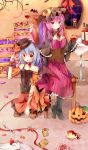  :d alternate_costume bad_id bare_shoulders bat_wings blue_hair blush book bottle chair character_doll crescent cup detached_sleeves doll dress fork halloween hat hat_ribbon holding jack-o&#039;-lantern jack-o'-lantern koakuma long_hair looking_at_viewer multiple_girls open_mouth pantyhose patchouli_knowledge pudding purple_eyes purple_hair red_eyes remilia_scarlet ribbon sitting slice_of_cake smile striped striped_dress table tamagogayu1998 touhou violet_eyes window wine_glass wings wrist_cuffs |_| 