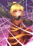  :o arm_up blonde_hair blush dress fun_bo kurodani_yamame looking_at_viewer ponytail red_eyes short_hair solo spider_web touhou 