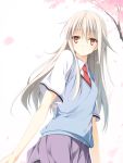  bad_id barefoot cherry_blossoms long_hair mac-kine necktie petals red_eyes ruler sakura-sou_no_pet_na_kanojo school_uniform shiina_mashiro silver_hair solo sweater_vest 