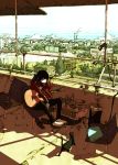  balcony barefoot black_cat black_cat_(animal) black_hair bottle building cable camera cat chair chimney cityscape drawer guitar instrument kawano original scarf scenery shoes_removed sitting sky solo tire 