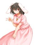  adult animal_ears black_hair blush breasts bunny_ears bunny_tail carrot dress inaba_tewi jewelry kasuga_yukihito large_breasts necklace rabbit_ears red_eyes revision short_hair smile solo tail teenage touhou v 