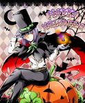  alternate_costume alternate_eye_color argyle argyle_background bat bow cape crossed_legs halloween happy_halloween hat jack-o&#039;-lantern jack-o'-lantern legs_crossed male pants pumpkin purple_hair red_eyes ribbon sitting slayers smile solo top_hat wink xelloss yamatoya07 